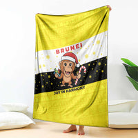 Brunei Christmas Blanket with Cartoon Monkey Santa Hat Candy Cane and Yellow Black Flag Pattern - Wonder Print Shop