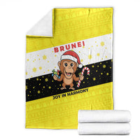 Brunei Christmas Blanket with Cartoon Monkey Santa Hat Candy Cane and Yellow Black Flag Pattern - Wonder Print Shop