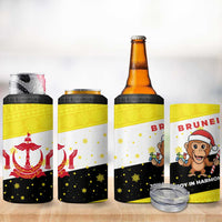 Brunei Christmas 4 in 1 Can Cooler Tumbler with Cartoon Monkey Santa Hat Candy Cane and Yellow Black Flag Pattern - Wonder Print Shop
