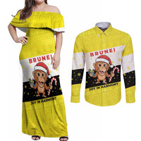 Brunei Christmas Couples Matching Off Shoulder Maxi Dress and Long Sleeve Button Shirt with Cartoon Monkey Santa Hat Candy Cane and Yellow Black Flag Pattern - Wonder Print Shop