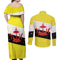 Brunei Christmas Couples Matching Off Shoulder Maxi Dress and Long Sleeve Button Shirt with Cartoon Monkey Santa Hat Candy Cane and Yellow Black Flag Pattern - Wonder Print Shop