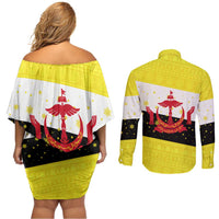 Brunei Christmas Couples Matching Off Shoulder Short Dress and Long Sleeve Button Shirt with Cartoon Monkey Santa Hat Candy Cane and Yellow Black Flag Pattern - Wonder Print Shop