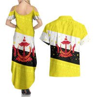 Brunei Christmas Couples Matching Summer Maxi Dress and Hawaiian Shirt with Cartoon Monkey Santa Hat Candy Cane and Yellow Black Flag Pattern - Wonder Print Shop