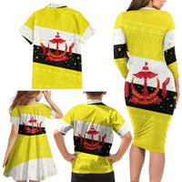 Brunei Christmas Family Matching Long Sleeve Bodycon Dress and Hawaiian Shirt with Cartoon Monkey Santa Hat Candy Cane and Yellow Black Flag Pattern - Wonder Print Shop