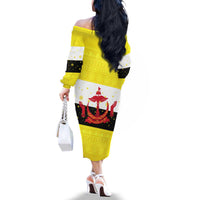 Brunei Christmas Family Matching Off The Shoulder Long Sleeve Dress and Hawaiian Shirt with Cartoon Monkey Santa Hat Candy Cane and Yellow Black Flag Pattern - Wonder Print Shop