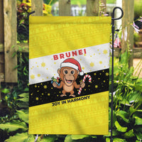 Brunei Christmas Garden Flag with Cartoon Monkey Santa Hat Candy Cane and Yellow Black Flag Pattern - Wonder Print Shop