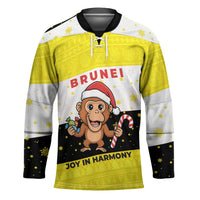 Brunei Christmas Hockey Jersey with Cartoon Monkey Santa Hat Candy Cane and Yellow Black Flag Pattern - Wonder Print Shop
