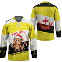 Brunei Christmas Hockey Jersey with Cartoon Monkey Santa Hat Candy Cane and Yellow Black Flag Pattern - Wonder Print Shop