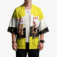 Brunei Christmas Kimono with Cartoon Monkey Santa Hat Candy Cane and Yellow Black Flag Pattern - Wonder Print Shop