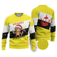 Brunei Christmas Ugly Christmas Sweater with Cartoon Monkey Santa Hat Candy Cane and Yellow Black Flag Pattern - Wonder Print Shop