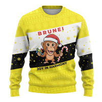 Brunei Christmas Ugly Christmas Sweater with Cartoon Monkey Santa Hat Candy Cane and Yellow Black Flag Pattern - Wonder Print Shop