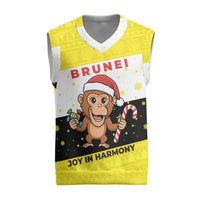 Brunei Christmas Knitted V-Neck Vest with Cartoon Monkey Santa Hat Candy Cane and Yellow Black Flag Pattern - Wonder Print Shop