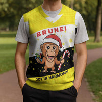 Brunei Christmas Knitted V-Neck Vest with Cartoon Monkey Santa Hat Candy Cane and Yellow Black Flag Pattern - Wonder Print Shop