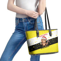 Brunei Christmas Leather Tote Bag with Cartoon Monkey Santa Hat Candy Cane and Yellow Black Flag Pattern - Wonder Print Shop
