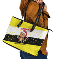 Brunei Christmas Leather Tote Bag with Cartoon Monkey Santa Hat Candy Cane and Yellow Black Flag Pattern - Wonder Print Shop