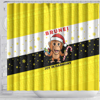 Brunei Christmas Shower Curtain with Cartoon Monkey Santa Hat Candy Cane and Yellow Black Flag Pattern - Wonder Print Shop