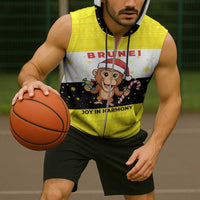 Brunei Christmas Sleeveless Zip Hoodie with Cartoon Monkey Santa Hat Candy Cane and Yellow Black Flag Pattern - Wonder Print Shop