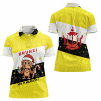 Brunei Christmas Women Polo Shirt with Cartoon Monkey Santa Hat Candy Cane and Yellow Black Flag Pattern - Wonder Print Shop