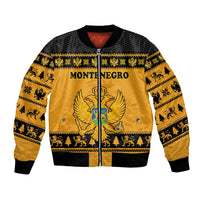 Montenegro Christmas Bomber Jacket with Gold-Black Theme, Double-Headed Eagle, and Map Motif - Wonder Print Shop