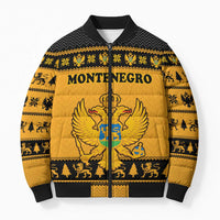 Montenegro Christmas Bomber Puffer Jacket with Gold-Black Theme, Double-Headed Eagle, and Map Motif - Wonder Print Shop