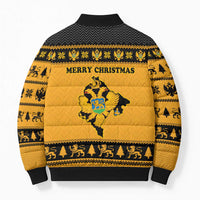 Montenegro Christmas Bomber Puffer Jacket with Gold-Black Theme, Double-Headed Eagle, and Map Motif - Wonder Print Shop