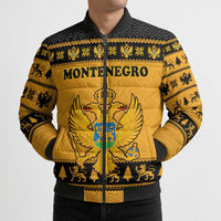 Montenegro Christmas Bomber Puffer Jacket with Gold-Black Theme, Double-Headed Eagle, and Map Motif - Wonder Print Shop