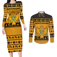 Montenegro Christmas Couples Matching Long Sleeve Bodycon Dress and Long Sleeve Button Shirt with Gold-Black Theme, Double-Headed Eagle, and Map Motif - Wonder Print Shop