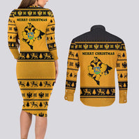 Montenegro Christmas Couples Matching Long Sleeve Bodycon Dress and Long Sleeve Button Shirt with Gold-Black Theme, Double-Headed Eagle, and Map Motif - Wonder Print Shop