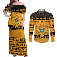 Montenegro Christmas Couples Matching Off Shoulder Maxi Dress and Long Sleeve Button Shirt with Gold-Black Theme, Double-Headed Eagle, and Map Motif - Wonder Print Shop