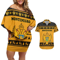 Montenegro Christmas Couples Matching Off Shoulder Short Dress and Hawaiian Shirt with Gold-Black Theme, Double-Headed Eagle, and Map Motif - Wonder Print Shop