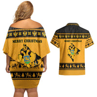 Montenegro Christmas Couples Matching Off Shoulder Short Dress and Hawaiian Shirt with Gold-Black Theme, Double-Headed Eagle, and Map Motif - Wonder Print Shop