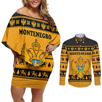 Montenegro Christmas Couples Matching Off Shoulder Short Dress and Long Sleeve Button Shirt with Gold-Black Theme, Double-Headed Eagle, and Map Motif - Wonder Print Shop