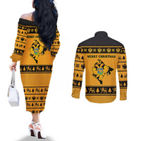 Montenegro Christmas Couples Matching Off The Shoulder Long Sleeve Dress and Long Sleeve Button Shirt with Gold-Black Theme, Double-Headed Eagle, and Map Motif - Wonder Print Shop