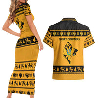 Montenegro Christmas Couples Matching Short Sleeve Bodycon Dress and Hawaiian Shirt with Gold-Black Theme, Double-Headed Eagle, and Map Motif - Wonder Print Shop