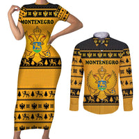 Montenegro Christmas Couples Matching Short Sleeve Bodycon Dress and Long Sleeve Button Shirt with Gold-Black Theme, Double-Headed Eagle, and Map Motif - Wonder Print Shop