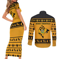 Montenegro Christmas Couples Matching Short Sleeve Bodycon Dress and Long Sleeve Button Shirt with Gold-Black Theme, Double-Headed Eagle, and Map Motif - Wonder Print Shop
