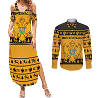 Montenegro Christmas Couples Matching Summer Maxi Dress and Long Sleeve Button Shirt with Gold-Black Theme, Double-Headed Eagle, and Map Motif - Wonder Print Shop