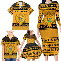 Montenegro Christmas Family Matching Long Sleeve Bodycon Dress and Hawaiian Shirt with Gold-Black Theme, Double-Headed Eagle, and Map Motif - Wonder Print Shop