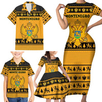 Montenegro Christmas Family Matching Short Sleeve Bodycon Dress and Hawaiian Shirt with Gold-Black Theme, Double-Headed Eagle, and Map Motif - Wonder Print Shop