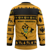 Montenegro Christmas Hockey Jersey with Gold-Black Theme, Double-Headed Eagle, and Map Motif - Wonder Print Shop