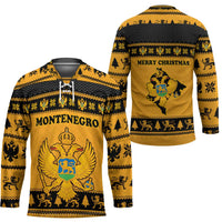 Montenegro Christmas Hockey Jersey with Gold-Black Theme, Double-Headed Eagle, and Map Motif - Wonder Print Shop