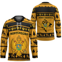 Montenegro Christmas Hockey Jersey with Gold-Black Theme, Double-Headed Eagle, and Map Motif - Wonder Print Shop