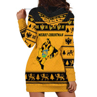 Montenegro Christmas Hoodie Dress with Gold-Black Theme, Double-Headed Eagle, and Map Motif - Wonder Print Shop