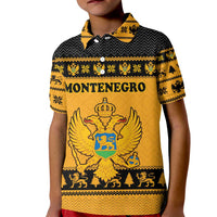 Montenegro Christmas Kid Polo Shirt with Gold-Black Theme, Double-Headed Eagle, and Map Motif - Wonder Print Shop