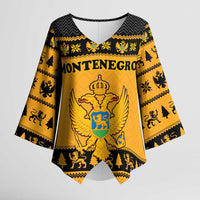 Montenegro Christmas Kimono Sleeve Blouse with Gold-Black Theme, Double-Headed Eagle, and Map Motif - Wonder Print Shop