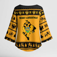 Montenegro Christmas Kimono Sleeve Blouse with Gold-Black Theme, Double-Headed Eagle, and Map Motif - Wonder Print Shop