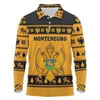 Montenegro Christmas Long Sleeve Polo Shirt with Gold-Black Theme, Double-Headed Eagle, and Map Motif - Wonder Print Shop