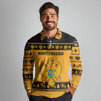 Montenegro Christmas Long Sleeve Polo Shirt with Gold-Black Theme, Double-Headed Eagle, and Map Motif - Wonder Print Shop
