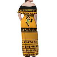 Montenegro Christmas Off Shoulder Maxi Dress with Gold-Black Theme, Double-Headed Eagle, and Map Motif - Wonder Print Shop