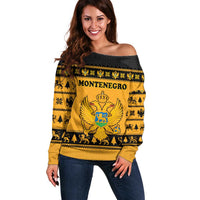 Montenegro Christmas Off Shoulder Sweater with Gold-Black Theme, Double-Headed Eagle, and Map Motif - Wonder Print Shop
